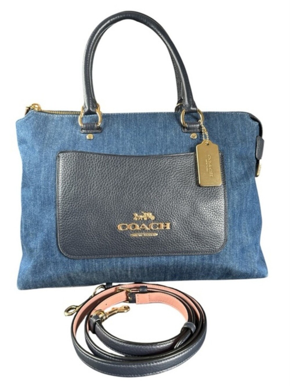 COACH Women's Emma Indigo Denim & Leather Satchel Crossbody,Pink Inside